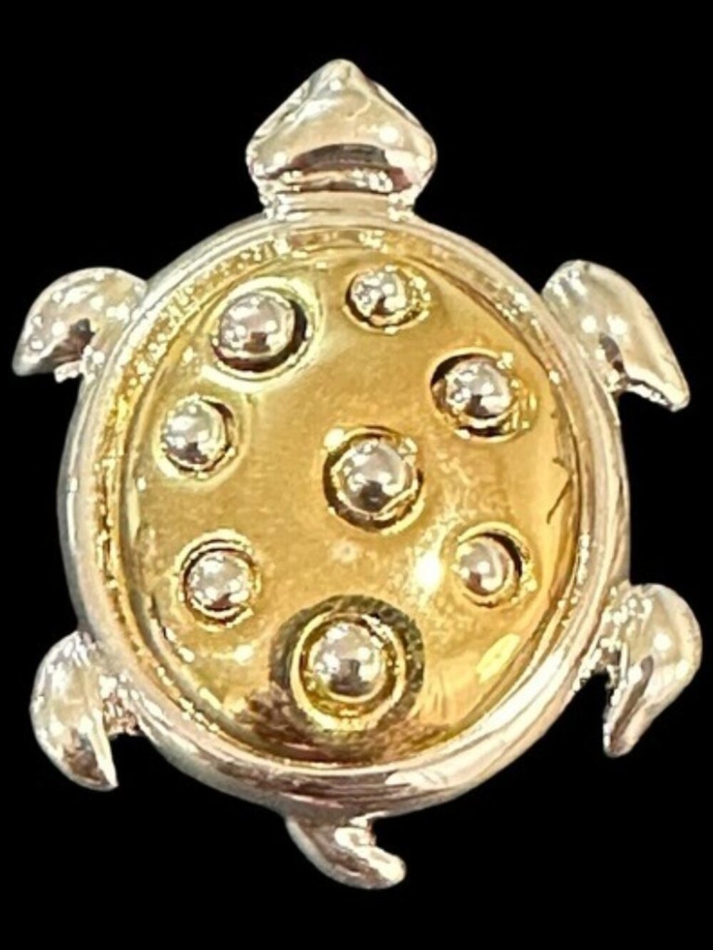 Signed Danecraft Silver Gold Tone Turtle Brooch With Textured Shell Rhinestone A